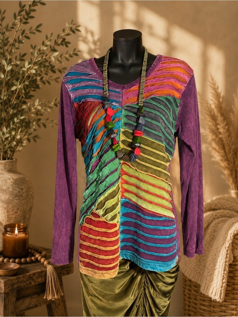 Colorful Boho Patchwork Slashed Knit Artisan Cotton Textured 100% Cotton Tunic M